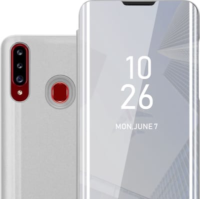 Cadorabo Hoesje geschikt voor Samsung Galaxy A20s in AGAAT ZILVER - Clear View Spiegel Beschermende Case met Tribunefunctie 360 Graden Bescherming Book Case Cover Etui