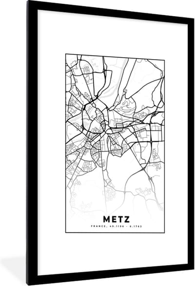 Fotolijst incl. Poster Zwart Wit- Frankrijk - Kaart - Metz - Plattegrond - Stadskaart - Zwart wit - 60x90 cm - Posterlijst