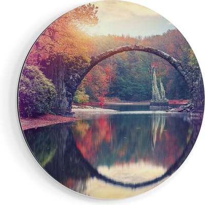 Artaza Dibond Muurcirkel Rakotz Brug In Duitsland In De Herfst - Ø 50 cm - Klein - Wandcirkel - Rond Schilderij - Voor Binnen en Buiten