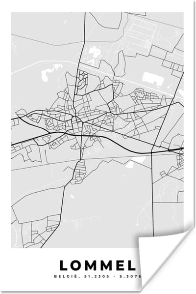 Poster Zwart Wit – België – Plattegrond – Stadskaart – Kaart – Lommel - 120x180 cm XXL