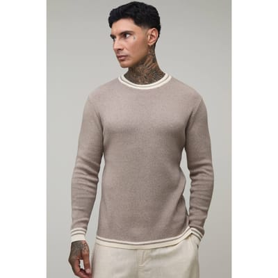 Lang Gebreid T-shirt Van Katoenmix Met Getipte Details In Muscle Fit | Taupe | Size Large