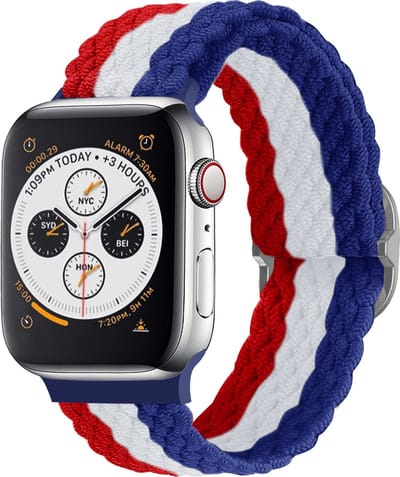 Strap-it Gevlochten / Geweven bandje - Geschikt voor Apple WatchSeries 1/2/3/4/5/6/7/8/9/10/11/SE/SE2/SE3/Ultra (2/3) - Rood/wit/blauw - Braided verstelbaar iWatch bandje maat: 44mm / 45mm / 46mm / 49mm