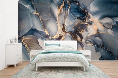 Behang - Fotobehang Marmer - Grijs - Blauw - Luxe - Goud - Breedte 400 cm x hoogte 240 cm