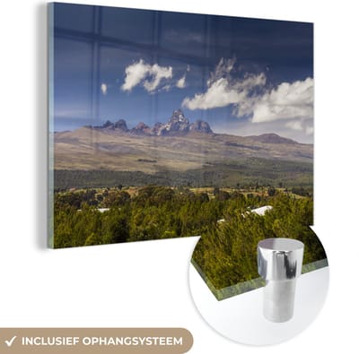 ® Glasschilderij 180x120 cm - Schilderij acrylglas - Uitkijkend naar de Afrikaanse Mount Kenya in de middag - Foto op glas - Muurdecoratie woonkamer - Wanddecoratie slaapkamer - Schilderijen