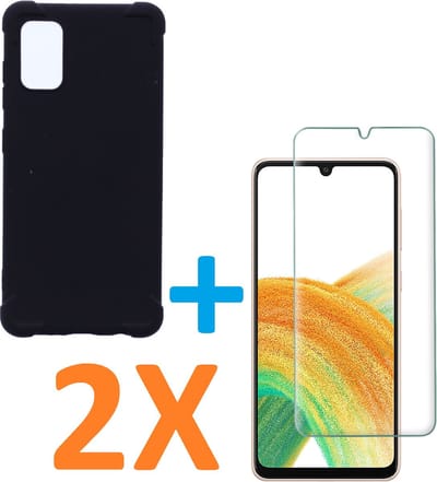 Anti-Shock silicone hoesje zwart met 2 Pack Tempered glas Screen Protector Geschikt voor:  Samsung Galaxy A33 5G