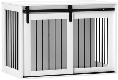Merax Hondenbox met Schuifdeur – 98×58×61 cm – Hondenbench als Meubel – Ventilatie aan 3 Zijdes – Hout & Staal – Wit – Voor Middelgrote Honden