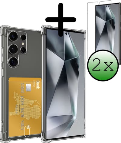 Hoesje Geschikt voor Samsung Galaxy S24 Ultra - Met 2x Screenprotector - Pashouder - Kaarthouder - Telefoon Hoes Shockproof - Siliconen Case - Back Cover - Shock Proof - Pasjes Houder - Transparant