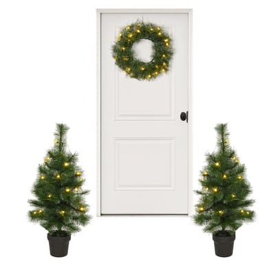 Kunstkerstboom met verlichting - Inclusief krans met verlichting - Kleine kerstboom - 90cm - 3-delig - Kerstversiering - Kerstdecoratie voor binnen en buiten - Werkt op batterijen