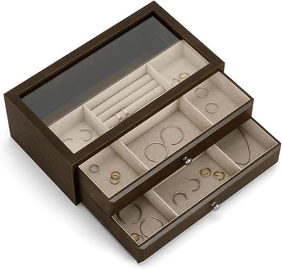 Sieradendoos Organizer - Vintage Doos - Sieraden Opbergen - Transparant Glazen Deksel - 35.5 x 20 x 13 cm - Walnoot