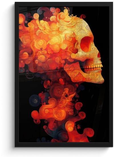 Poster in lijst - Fotolijst 40x60 cm - Posters - Schedel - Oranje - Zijaanzicht - Vlammen - Posterlijst zwart - Decoratie - Wanddecoratie woonkamer - Muurdecoratie slaapkamer