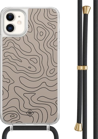 Casimoda® hoesje met zwart koord - Geschikt voor iPhone 11 - Abstract Lines - Afneembaar koord - TPU/acryl - Bruin/beige
