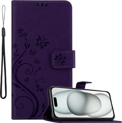 Cadorabo Hoesje geschikt voor Apple iPhone 15 in BLOEMEN DONKER PAARS - Beschermhoes in bloemmotief met magnetische sluiting, standfunctie en kaartsleuven Book Case Cover Etui