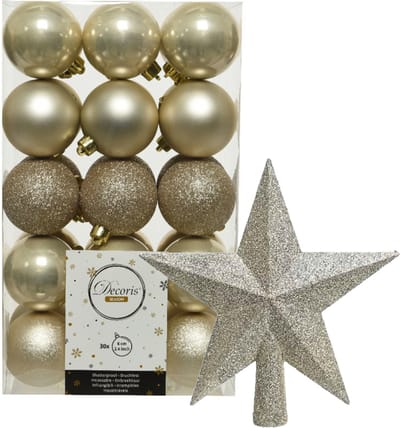Kerstballen - 30x stuks - incl. ster piek - champagne - kunststof