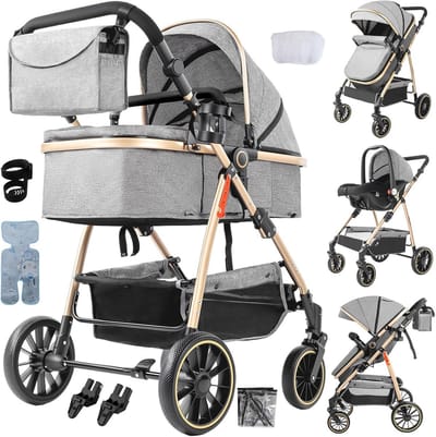 Lichte aluminium 3-in-1 kinderwagen inclusief autostoeltje en zitje, omkeerbare zit van luxe kinderwagen voor pasgeborenen