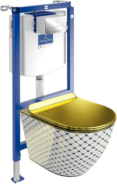 VILLEROY&BOCH H112 SOFI SLIM CHECKED GOLD - Inbouwreservoir - Chromen drukplaat - Rimless wandcloset - Toiletset