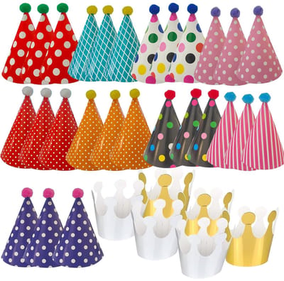 Dailygoods - 33 stuks feesthoeden, kinderverjaardag, feestset, kegelhoeden, feesthoeden, kroonhoed met koord voor verjaardag, festival, decoratie, fotoprop, meisjes en jongens