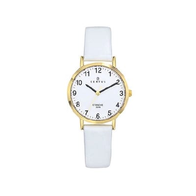 Certus-Dameshorloge-model 646587-wit lederen band-rond-goudkleurig-5 atm waterdicht -diameter 28 mm-duidelijke wijzerplaat-made in France