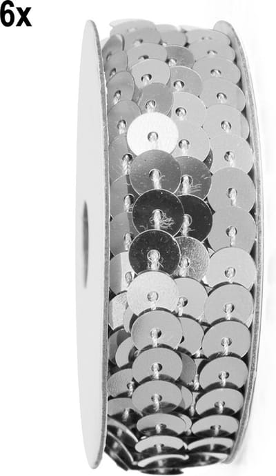 6x Rol pailletten band zilver 275cm - Paillet kleding accessoires thema feest glitter and glamour
