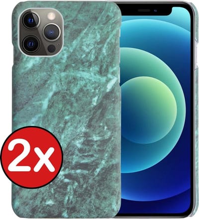 Hoesje Geschikt voor iPhone 12 Pro Hoesje Marmer Hardcover Fashion Case Hoes - Hoes Geschikt voor iPhone 12 Pro Marmer Hoesje Hardcase Back Cover - Groen - 2 PACK
