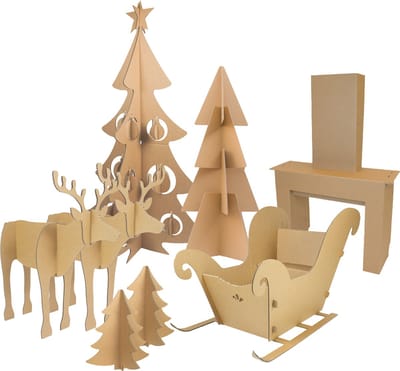 Kartonnen kerst feestdagenpakket - Klein - Arrenslee, rendieren, schoorsteen en kerstboom - Kartent