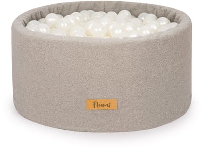 Flumi - Schuim Kinder Ballenbad - Teddy Stof - Inclusief 200 Ballen - Afneembare Hoes - Grijs met Parelmoer Ballen