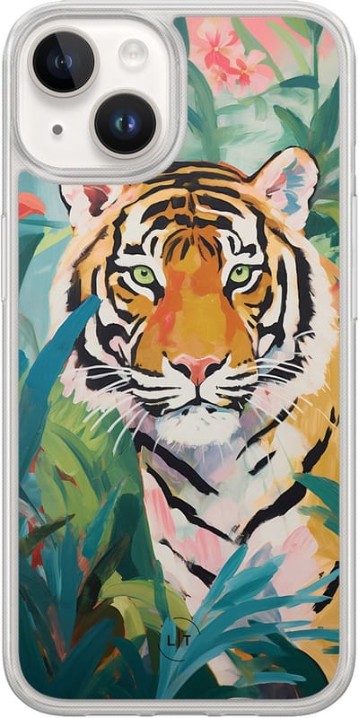 Hoesje geschikt voor iPhone 14 - Tijger in de jungle - 2in1 backcover - Print / Illustratie - Multi - Leuke Telefoonhoesjes