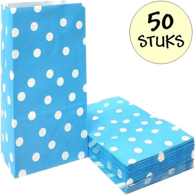50x Lichtblauwe Uitdeelzakjes Met Stippen - 13x8x24cm - Stevig Papier - Traktatie Zakjes - Papieren Zakjes - Cadeau Zakjes - Polka Dots - Met Blokbodem - Lichtblauw - 50 Stuks