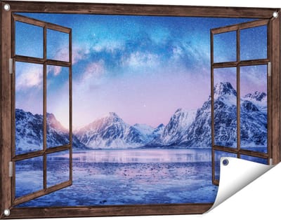 Gards Tuinposter Doorkijk Melkweg bij de Besneeuwde bergen - 90x60 cm - Tuindoek - Tuindecoratie - Wanddecoratie buiten - Tuinschilderij