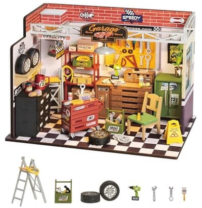 Houten Poppenhuis Garage Workshop met LED Verlichting – Miniatuur Doe-Het-Zelf Kits voor Kinderen en Volwassenen