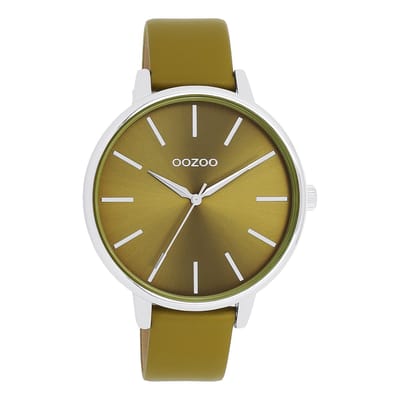 OOZOO Timepieces - Zilverkleurige OOZOO horloge met olijf groene leren band - C11298