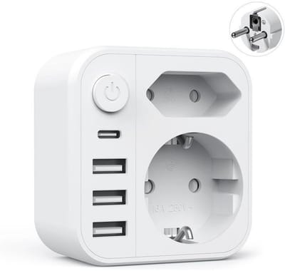 GELLDG 6-in-1 Stekkerblok - Multiprise met 2 USB-A & USB-C Poorten - 4000W/16A met Schakelaar - Multifunctioneel Adapterblok van Duits naar Europees Standaard - Geschikt voor Thuis/Kantoor/Reizen - Kunststof Behuizing