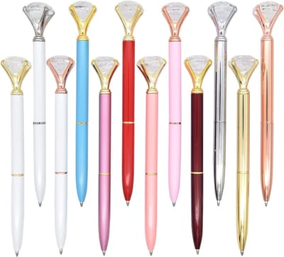 12 Stuks Grote Kristal Diamant Pennen - Bling Metalen Balpen met Zwarte Inkt voor School en Kantoor, 12 Kleuren, Stijl A
