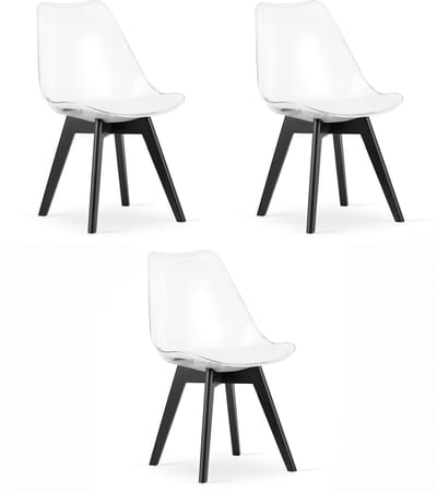 Set van 3 Stoelen MARK – Transparant, Zwarte Poten, Kunststof Zitting met Kunstlederen Kussen, Strak Design, Ergonomisch, Geschikt voor Keuken, Eetkamer, Kantine en Werkruimte, Max. 120 kg