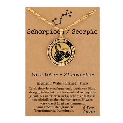 Schorpioen / Scorpio Sterrenbeeld Ketting op Cadeau Kaartje - Goudkleurig - RVS - Spiritueel Cadeau - 60cm - Pax Amare