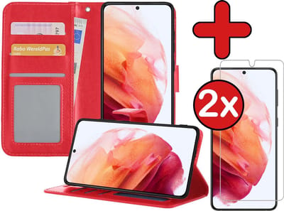 Hoesje - Met 2x Screenprotector - Geschikt voor Samsung Galaxy S21 - Luxe Pasjeshouder - Flip Case - Bookcase Portemonee - Kunstleer Book Case - Flipcase Hoes - Book Cover - Walletcase - Portemonneehoes - Telefoonhoes - Rood