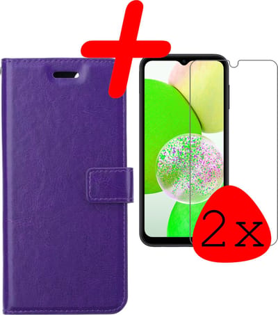 Hoesje Met 2x Screenprotector - Geschikt voor Samsung Galaxy A14 - Luxe Pasjeshouder - Bookcase Portemonee - Flip Case - Kunstleer Book Case - Flipcase Hoes - Book Cover - Walletcase - Portemonneehoes - Paars