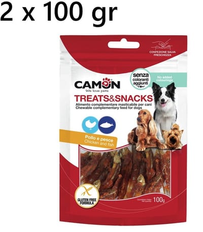 2 X CAMON HONDENSNACK GEWENTELDE VISJES IN KIPPENVLEES 100 GR=200 GR - GEEN KLEURSTOFFEN - GLUTENVRIJ - EEN ECHTE LEKKERIJ - CHICKEN AND FISH