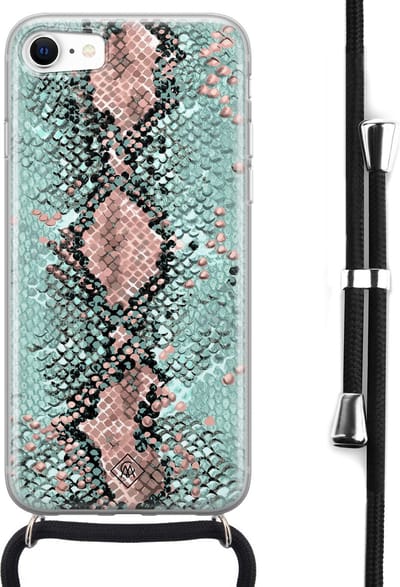 Casimoda® hoesje met koord - Geschikt voor iPhone 8 - Slangenprint pastel mint - Afneembaar koord - Siliconen/TPU - Mint