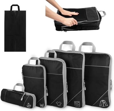 Famanu – Koffer-organizerset - compressiepacking cubes - koffer - pakzakken - uitbreidbaar - kofferorganizer - reizen - kledingtassen voor koffer - rugzak - bagage (zwart - 6-delig)