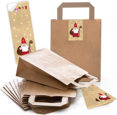 Papieren zakken - Cadeautasjes geschenk - Kerstcadeaus inpakken - Met kerststickers - 18 x 8 x 22 cm - Bruin