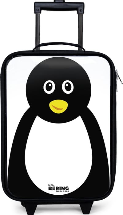 NoBoringSuitcases.com® - Kinderkoffer jongen - Kindertrolley meisje - Dierenportret Pinguïn - Koffer kind lichtgewicht - Reiskoffer trolley voor kinderen - Koffertje met lichtgevende wieltjes - Rolkoffer zwart