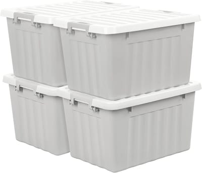 Famanu - 15L x 4 opbergdozen met deksels, plastic opbergbakken met vergrendelende gespen, kliksluiting, stapelbaar, nesten, organizer voor thuiskantoorkleding, grijs, 15L-4 Pack