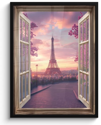 Poster in lijst - Fotolijst 50x70 cm - Posters - Doorkijk - Parijs - Eiffeltoren - Roze - Kersenbloesem - Posterlijst zwart - Decoratie - Wanddecoratie woonkamer - Muurdecoratie slaapkamer
