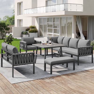 REDOM - Tuinmeubelset - Hoekbank Met Loungeset - Verstelbare Poten - Metalen Frame - Gevlochten Touwleuning - Grijs