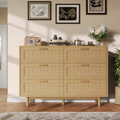 Commode Voor Slaapkamer, 6-Laden Rotan Commode, Massief Houten Commode, Geschikt Voor Het Gemakkelijk Organiseren Cosmetica, Sieraden Andere Spullen, Zodat Kantoor Netjes Blijft (Eikenkleur)