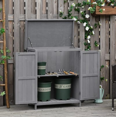 MEUNIQ tuinkast 74 x 43 x 88 cm met dubbele deuren en 2 vakken, houten opbergkast voor tuin, balkon of garage, grijs