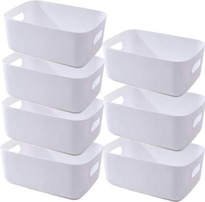 Famanu – Set van 7 grote plastic opbergmanden met handgrepen – Multifunctionele bakken voor kantoor en huishouden – Wit