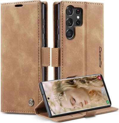 CaseMania Bookcase hoesje geschikt voor Samsung Galaxy S23 Ultra - Effen Bruin - Kunstleer