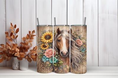 Thermosbeker Paard met bloemen - 600 ml RVS Tumbler met Rietje - Cadeau - Schoolbeker - Antilek dop - Vaatwasserbestendig - Werkbeker - To go beker - Zomaar