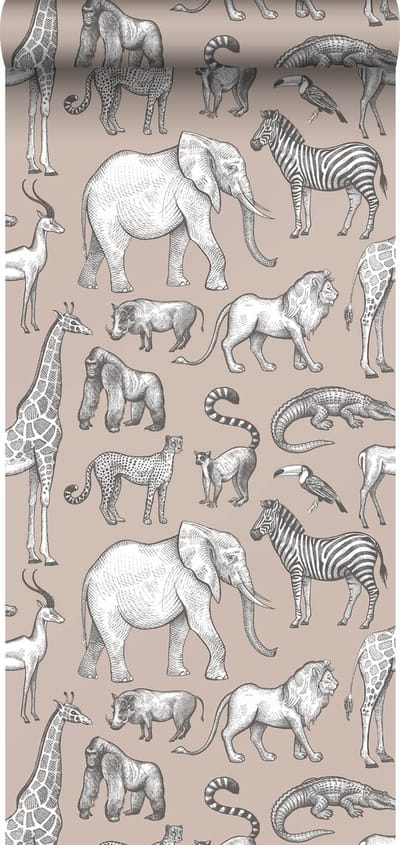 ESTAhome behang jungle dieren oudroze en grijs - 53 cm x 10.05 m - 139271